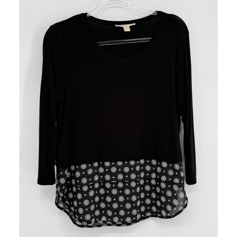 Michael Kors Womens‎ Black Mixed Media 3/4 Sleeve Medallion Hem Top Sz M